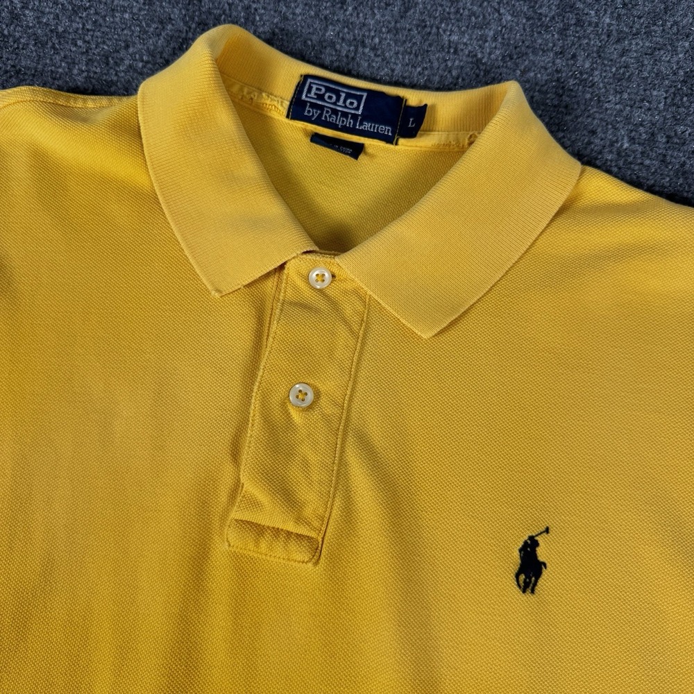 VTG 90s Polo Ralph Lauren Yellow Polo Shirt Men Large Navy Blue Pony Logo Preppy